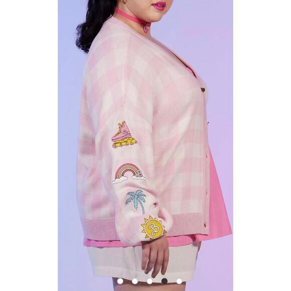 Hot Topic Plus Size 3 Barbie Doll Pink Plaid Embroidered Cardigan Sweater 3X New - Picture 5 of 6